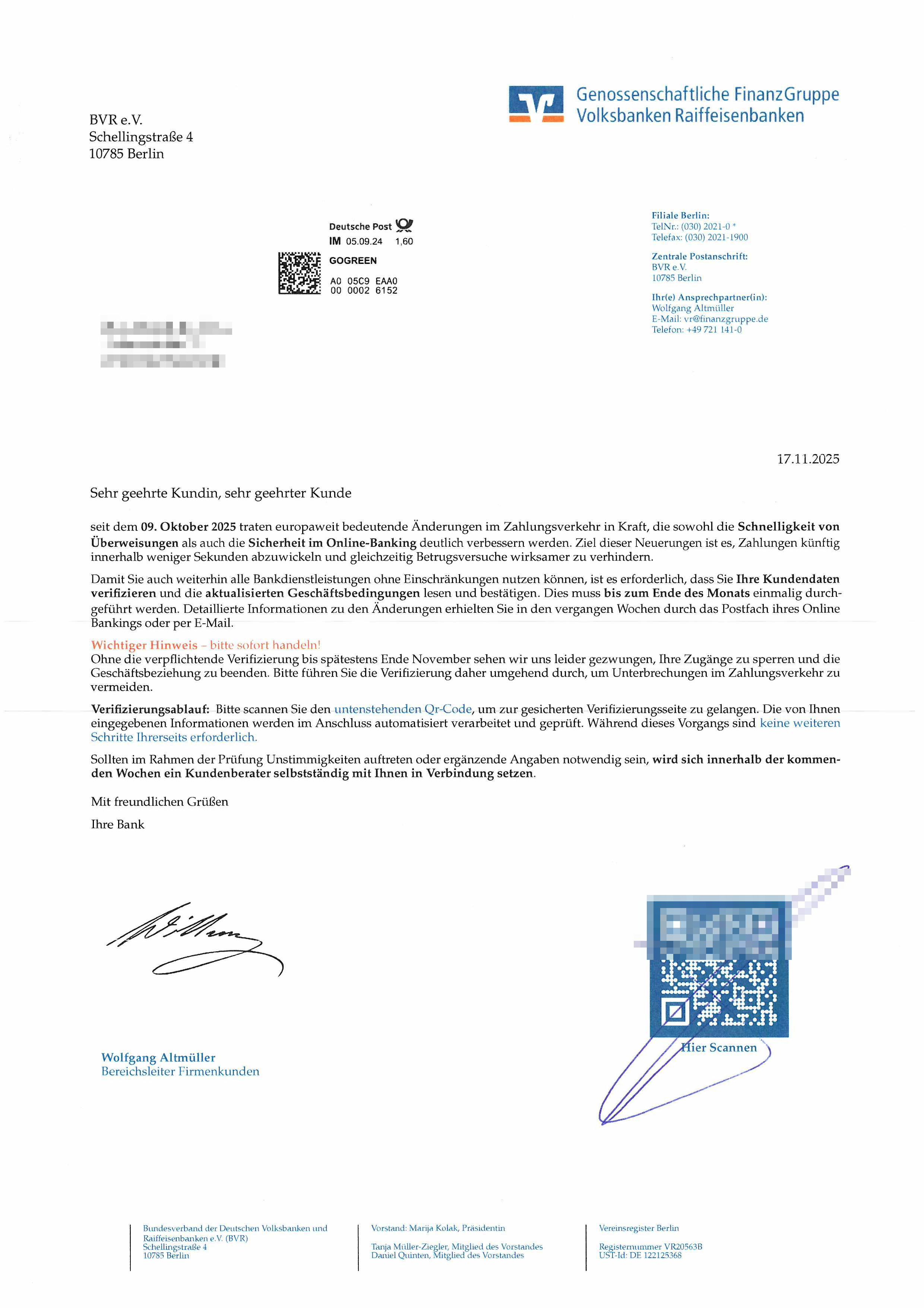 Gefälschtes Schreiben mit QR Code (Quishing) mit Nennung VR Bank