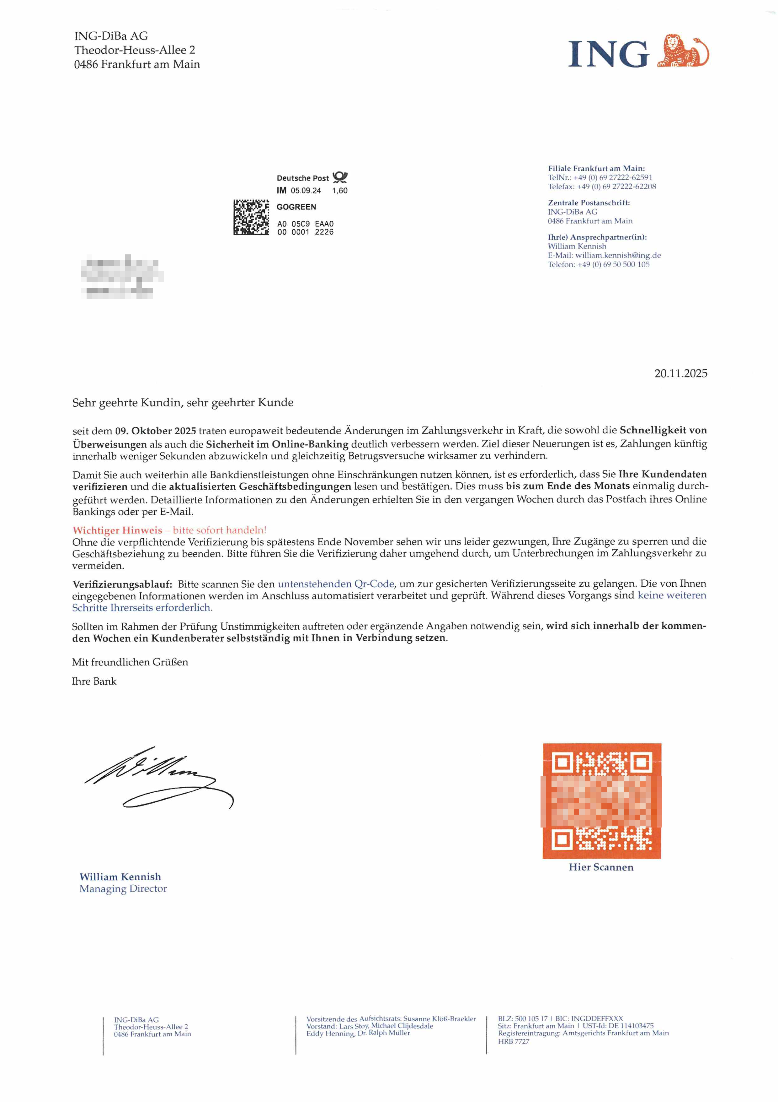 Gefälschtes Schreiben mit QR Code (Quishing) mit Nennung ING