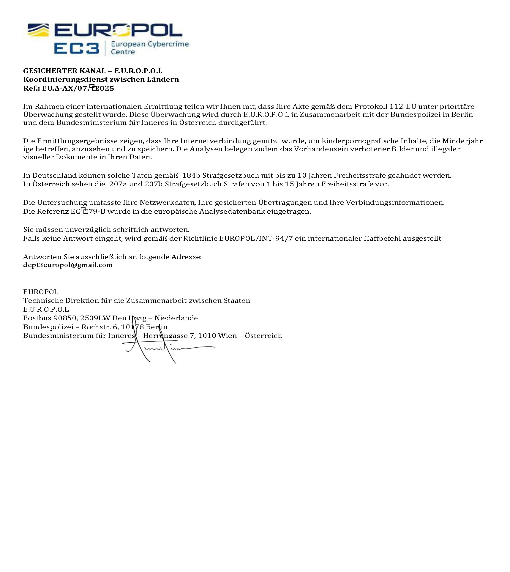 Gefälschtes Europol-Schreiben, Dezember 2025