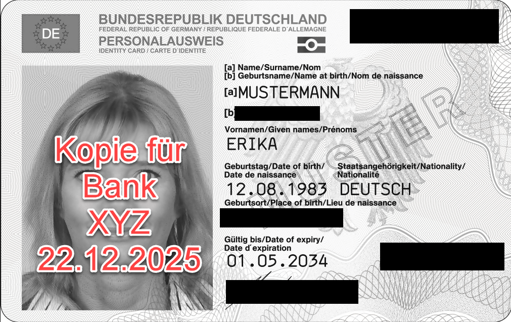Geschwärzte Personalausweiskopie (Vorderseite) als Beispiel (Originalbildquelle: Bundesministerium des Innern, geschwärzt/Textergänzung durch LKA NI)