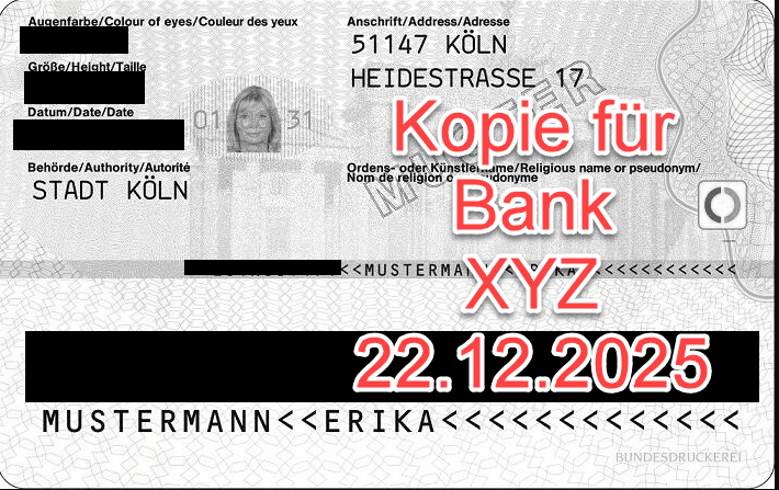 Geschwärzte Personalausweiskopie (Rückseite) als Beispiel (Originalbildquelle: Bundesministerium des Innern, geschwärzt/Textergänzung durch LKA NI)