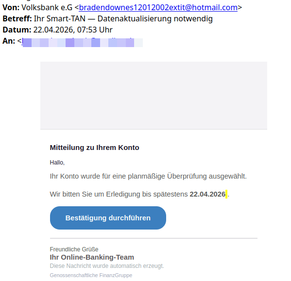 Gefälschte Mail, angeblich von der Volksbank