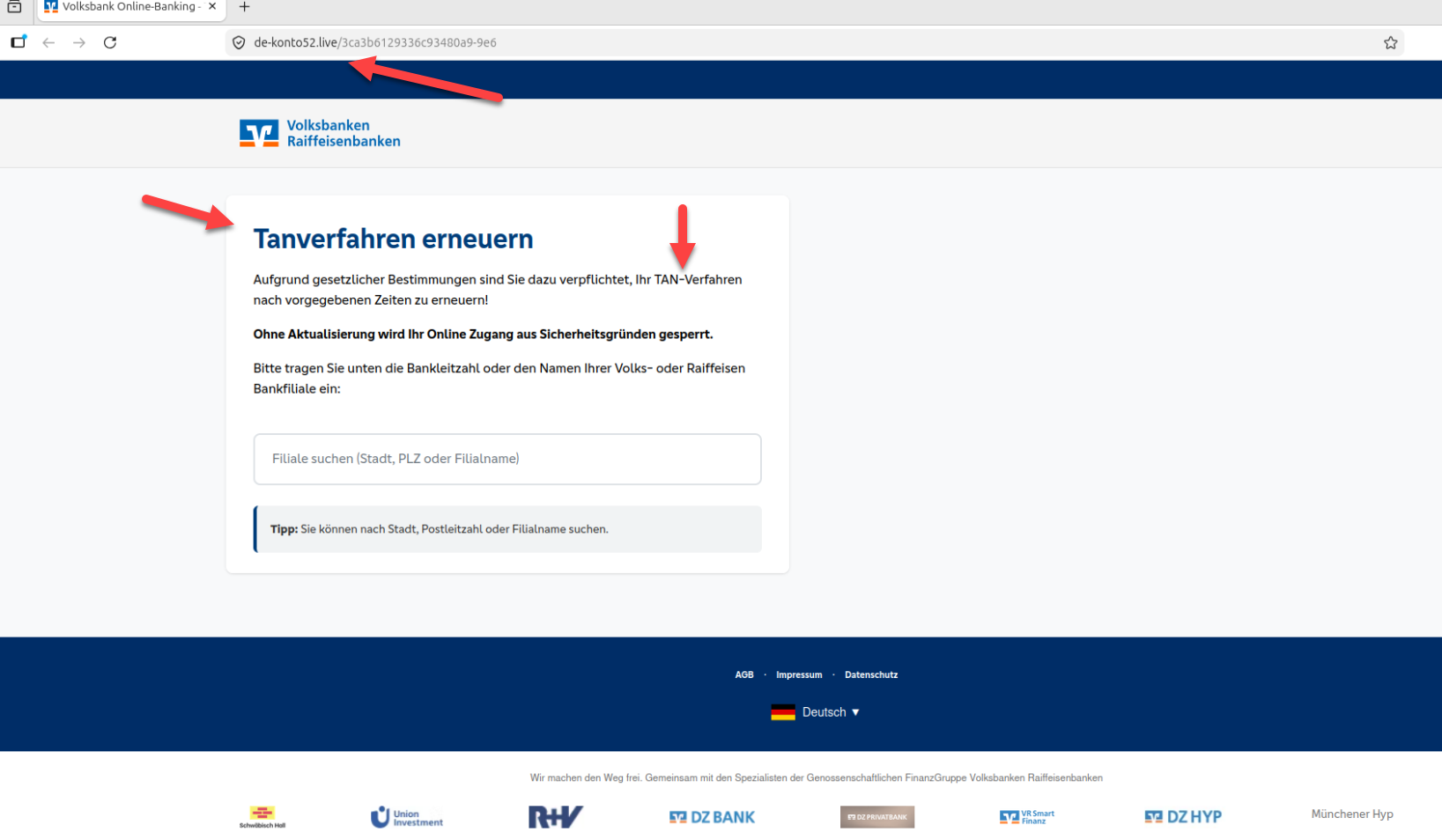Gefälschte Webseite im Aussehen von VR Bank