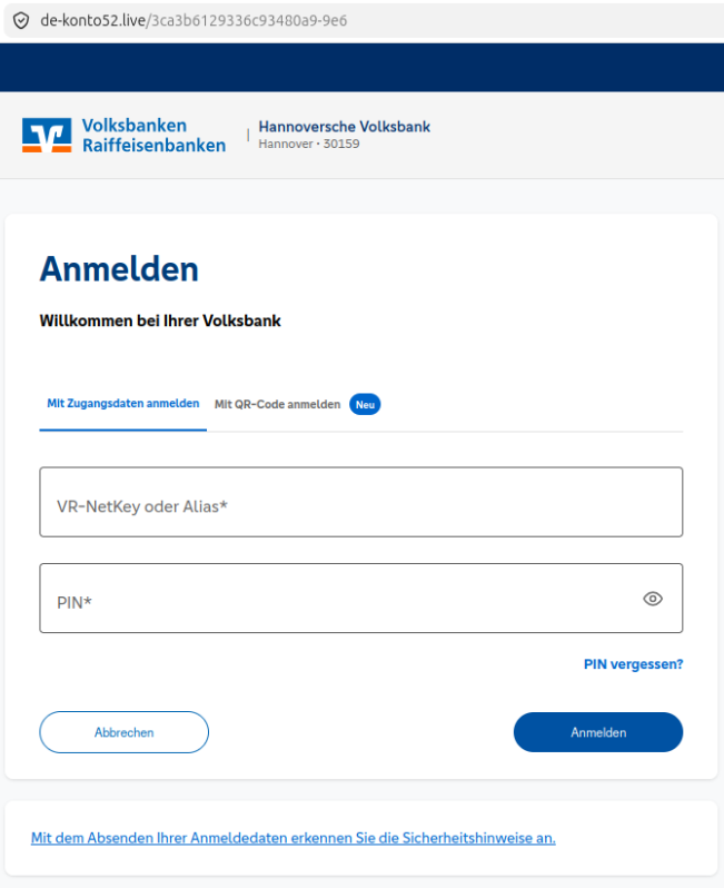 Gefälschte Webseite im Aussehen von VR Bank