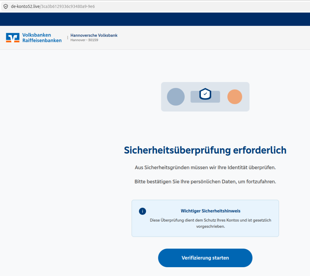 Gefälschte Webseite im Aussehen von VR Bank