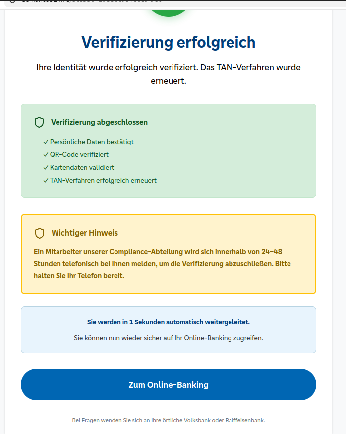 Gefälschte Webseite im Aussehen von VR Bank